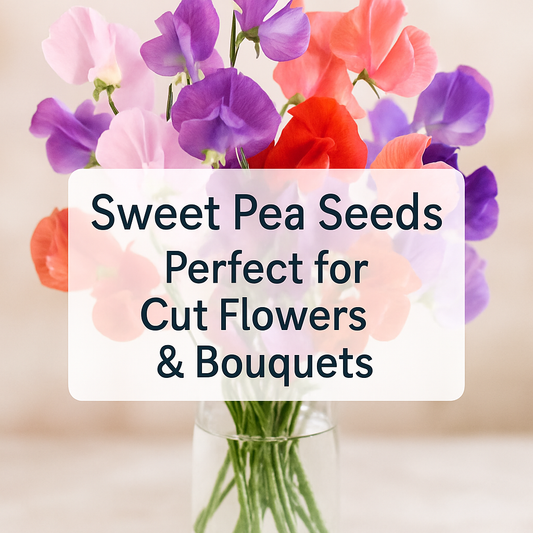 A vibrant bouquet of sweet pea flowers in full bloom, perfect for cut flower arrangements and bouquets. Ideal for gardeners seeking sweet pea seeds and cut flower seeds