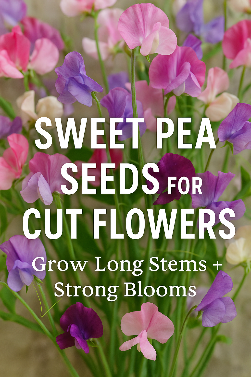 Sweet pea seeds for cut flowers with colorful blooms and text overlay promoting long stems and strong blooms