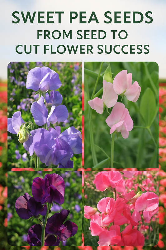 Collage of colorful sweet pea flowers in purple, pink, red, and pastel shades, showing their beauty as cut flowers grown from seed