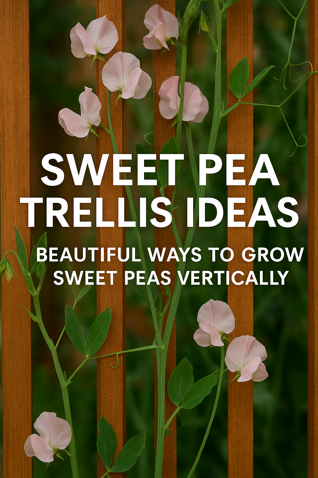 Sweet peas growing vertically on a trellis with text overlay showing sweet pea trellis ideas for growing sweet peas beautifully
