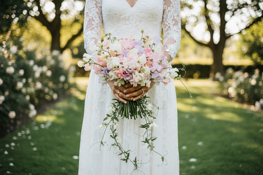 Bride holding a romantic bridal bouquet of blush, cream, and lavender sweet pea flowers with green tendrils