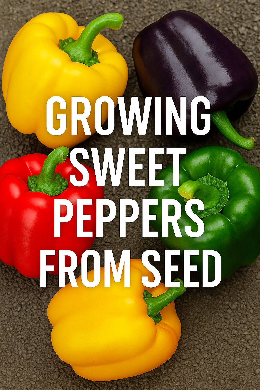 Colorful sweet peppers in red, yellow, green, and purple with bold text overlay “Growing Sweet Peppers from Seed” — an eye-catching graphic for gardening guides