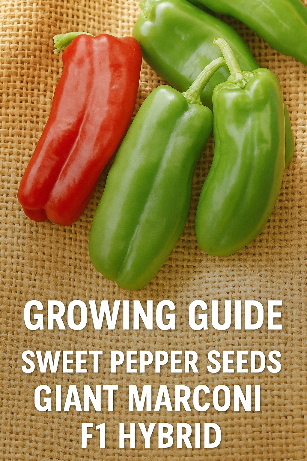 Freshly harvested Giant Marconi F1 Hybrid Sweet Peppers in red and green stages on a burlap background, known for their elongated shape and sweet flavor