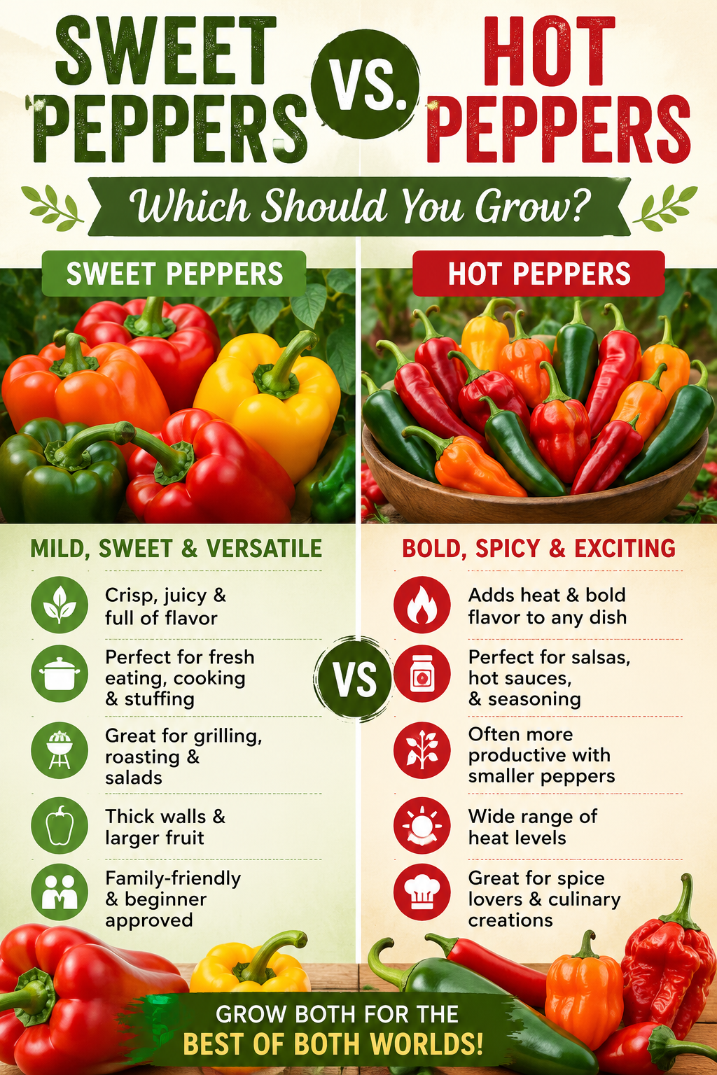 Sweet peppers vs hot peppers comparison showing colorful bell peppers and spicy peppers to help gardeners choose the best variety for their vegetable garden.