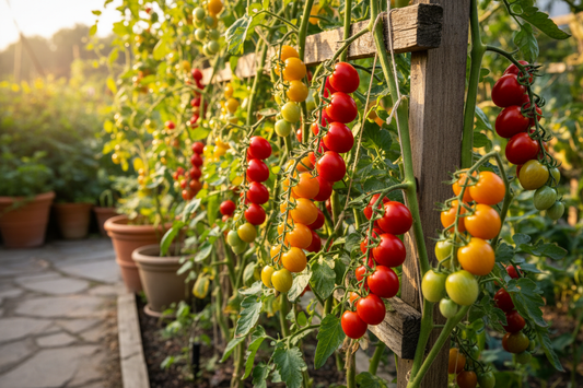 Colorful sweet cherry tomatoes on the vine including Sugar Rush, SunSugar, and Lemonsugar varieties