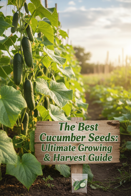 Fresh cucumbers growing on healthy green vines in the garden with lush foliage. Learn how to grow the best cucumber seeds for a successful harvest.