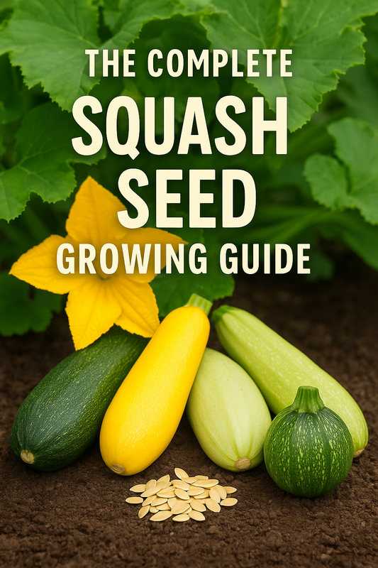 The Complete Squash Seed Growing Guide — colorful zucchini, yellow squash, and round squash with seeds and leaves in bright garden setting