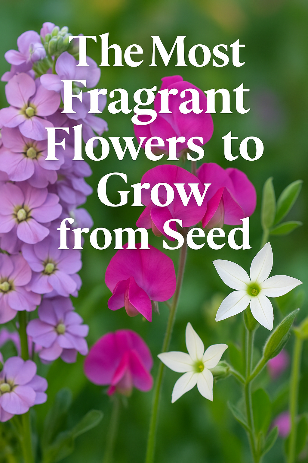 Colorful garden display of fragrant flowers including stock (Matthiola), sweet peas, heliotrope, nicotiana, and dianthus, perfect for growing from seed