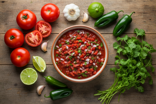 Bowl of thick homemade salsa made with La Roma tomatoes, jalapeños, and fresh garden ingredients