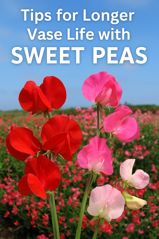 Red, pink, and pastel sweet pea flowers blooming in a garden field, ideal for cut flowers and vase arrangements