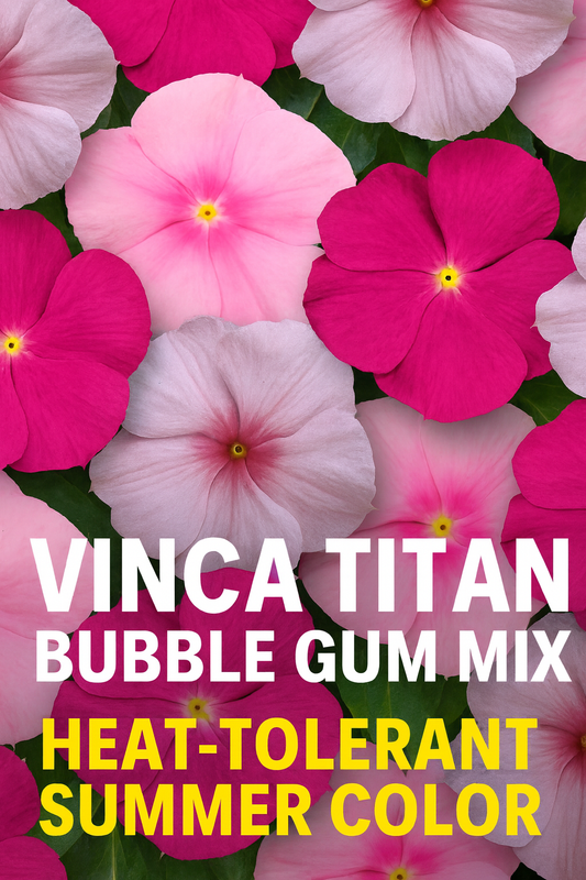 Bright pink, rose, and white Vinca Titan Bubble Gum Mix flowers in full bloom, showcasing large heat-tolerant summer blooms ideal for gardens and containers