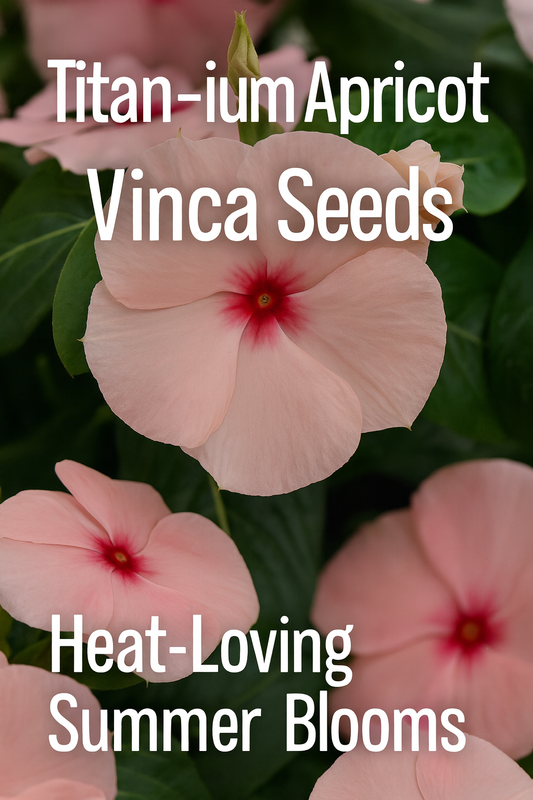 Close-up of Titan-ium Apricot Vinca flowers with soft peach-apricot petals and pink centers, thriving in full sun with heat-tolerant summer blooms
