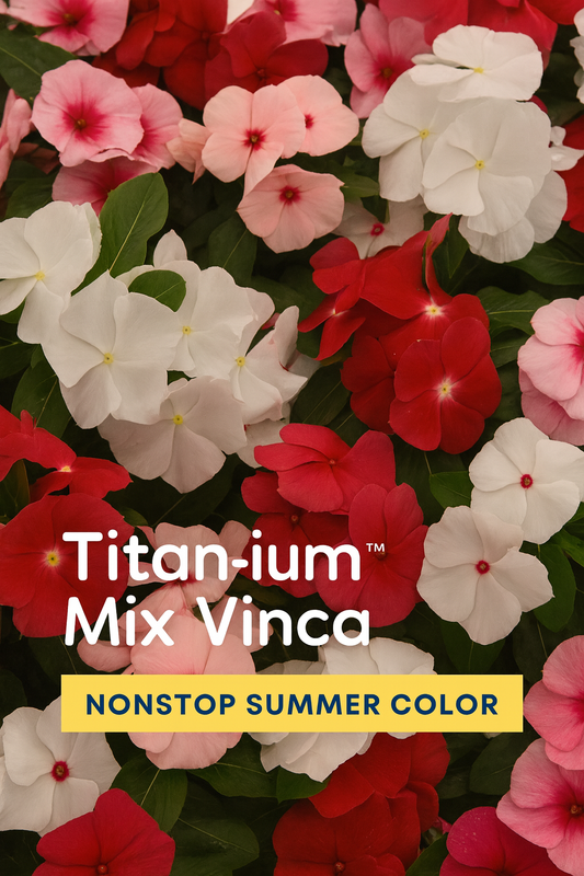 Titan-ium™ Mix Vinca flowers in shades of white, pink, apricot, and red blooming together in a summer garden.