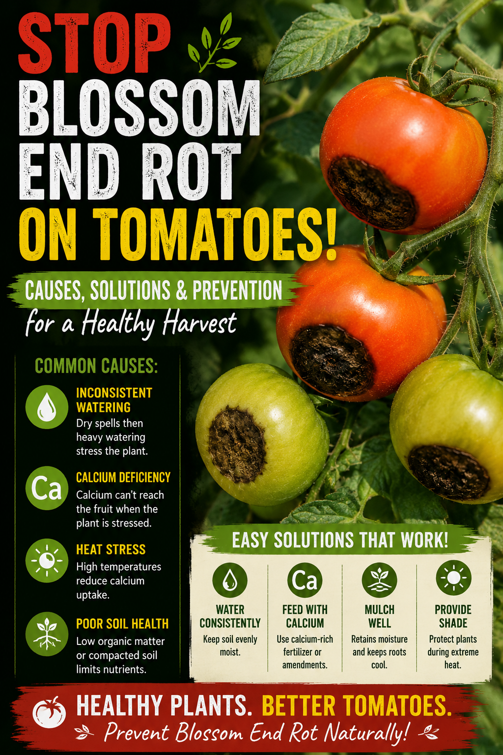 Tomatoes affected by blossom end rot showing black sunken lesions on the bottom of developing fruit.