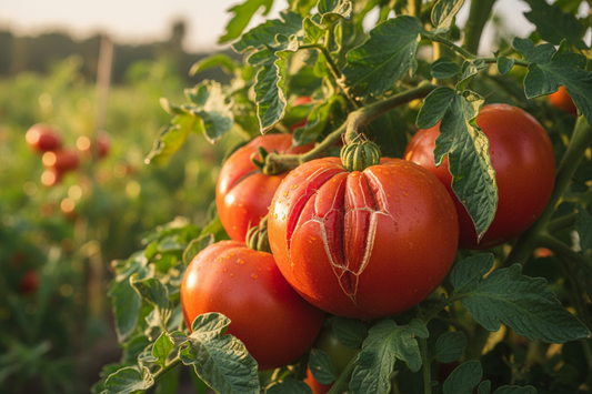 Cracked and split tomatoes on the vine in a garden — causes and prevention of tomato splitting and leathery skin