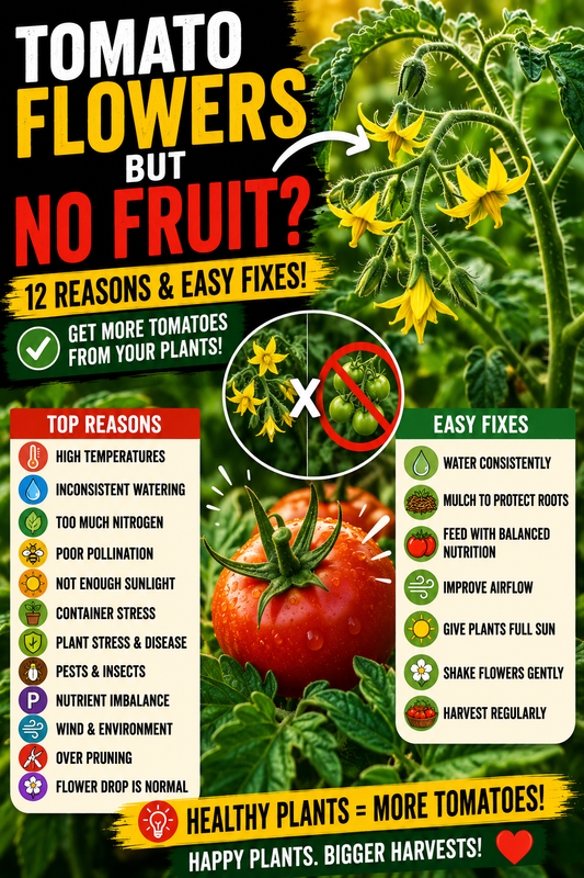 Tomato plant covered with yellow blossoms but producing no fruit, illustrating the most common reasons tomatoes fail to set fruit and simple solutions to improve pollination, fruit set, and harvests.