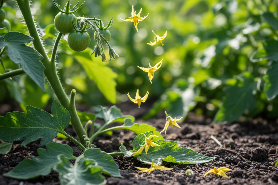Tomato plant with yellow flowers falling off the stem due to blossom drop in a summer garden