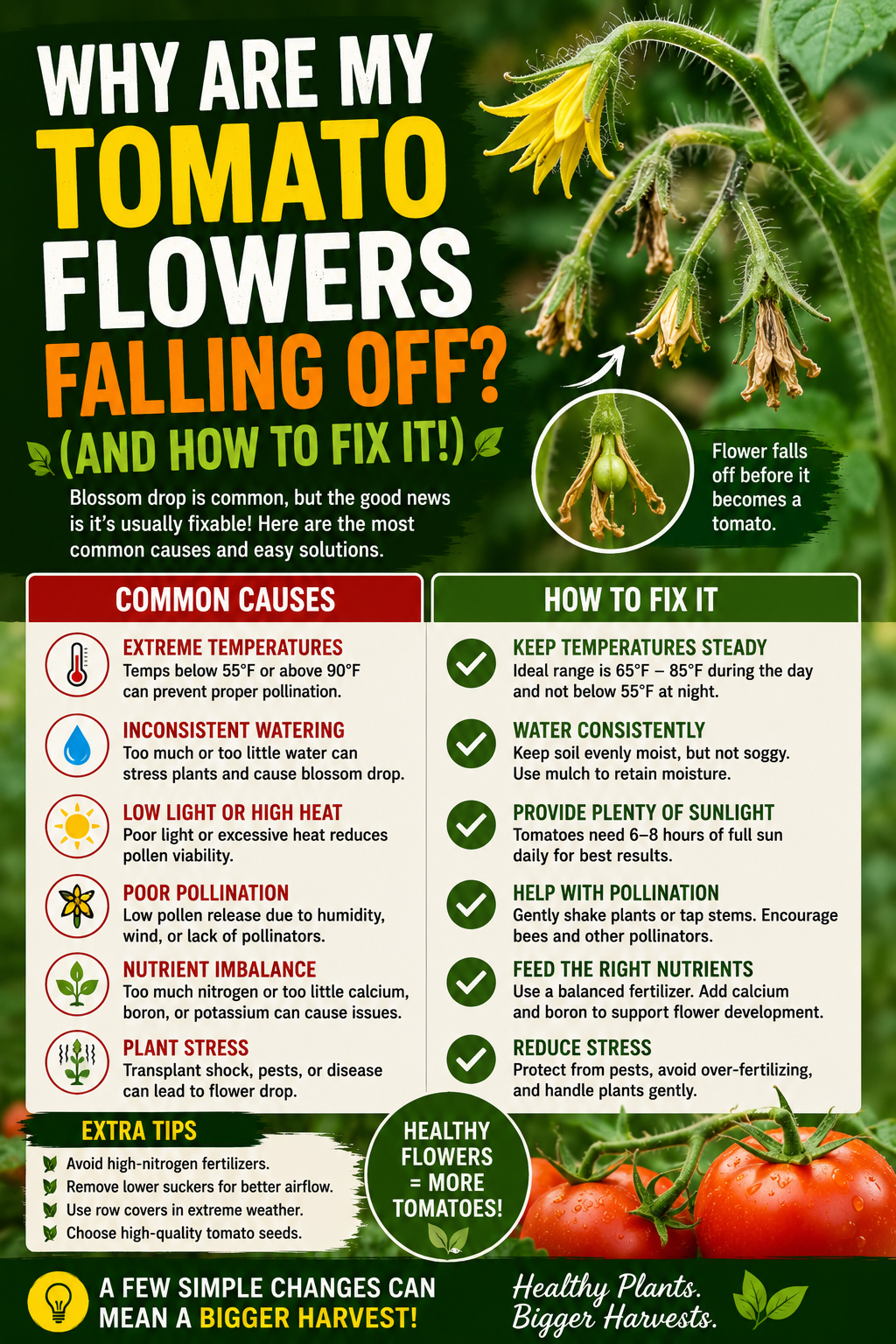 Tomato plant with blossoms dropping before fruit set, showing common causes of tomato flower drop and tips to improve pollination and fruit production.