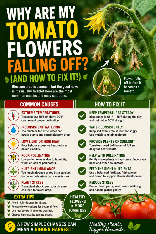 Tomato plant with blossoms dropping before fruit set, showing common causes of tomato flower drop and tips to improve pollination and fruit production.