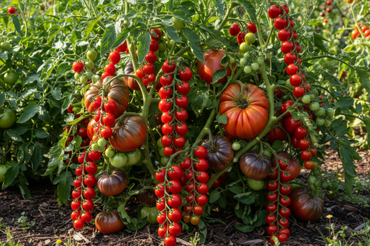 Abundant tomato harvest with ripe red tomatoes growing on the vine - Garden Starts Nursery