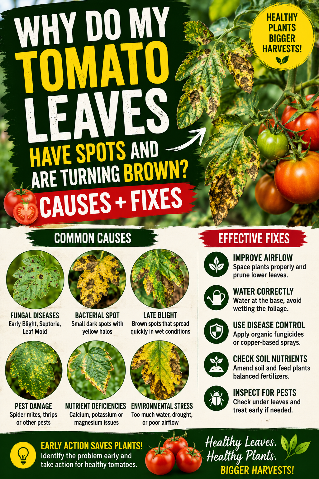 Tomato plant leaves with brown spots and disease symptoms showing common causes and effective fixes for healthier plants.
