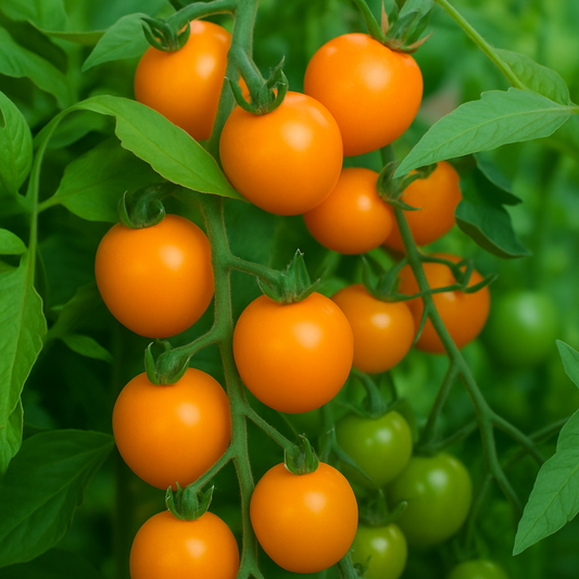 Orange Zinger Cherry Tomatoes ripening on vine - bright orange garden tomatoes