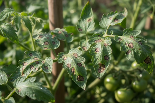 Tomato plant leaves showing early blight damage with dark brown target-ring spots