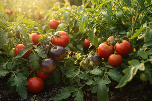Bumblebee pollinating tomato flowers in a garden with ripe heirloom tomatoes on the vine