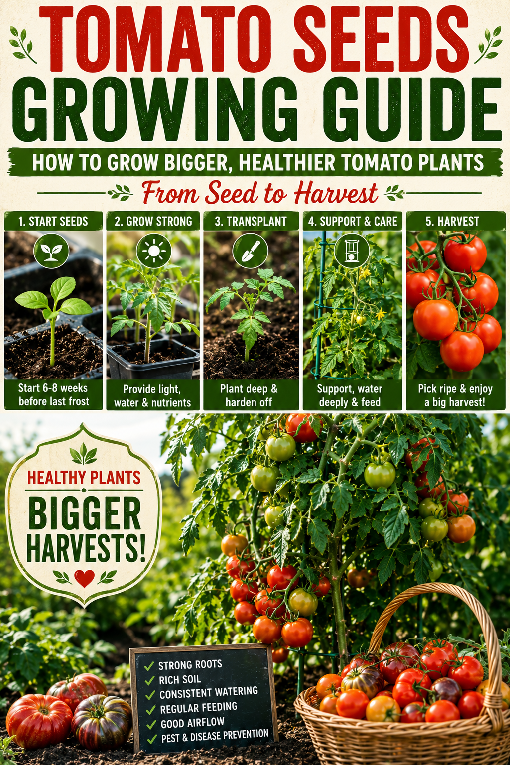 Tomato seedlings and mature tomato plants loaded with colorful ripe fruit, illustrating the complete process of growing bigger and healthier tomatoes from seed to harvest.
