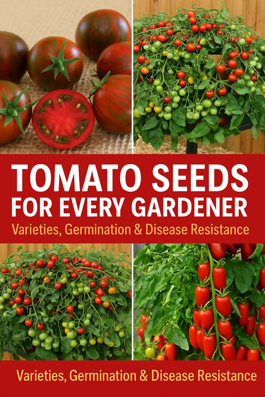 Basket and vine of fresh tomatoes showcasing different varieties grown from seed, highlighting germination, disease resistance, and healthy plants