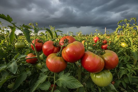 Ripe and breaker-stage tomatoes on the vine with storm clouds gathering in the background