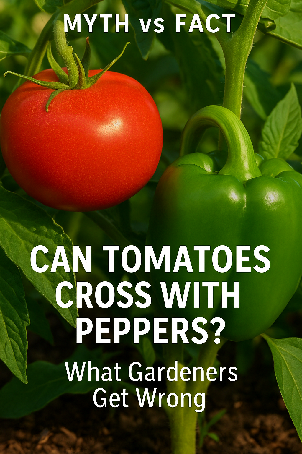 Close-up of a tomato and pepper side-by-side with text asking if tomatoes can cross with peppers. Educational gardening graphic about cross-pollination myths.