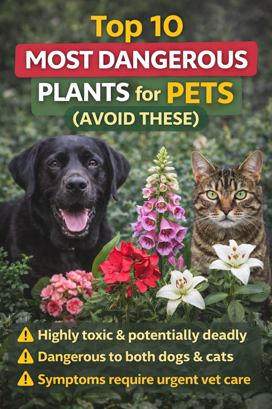 Top 10 most dangerous plants for pets showing black lab dog and tabby cat with toxic plants to avoid for pet safety in gardens and homes