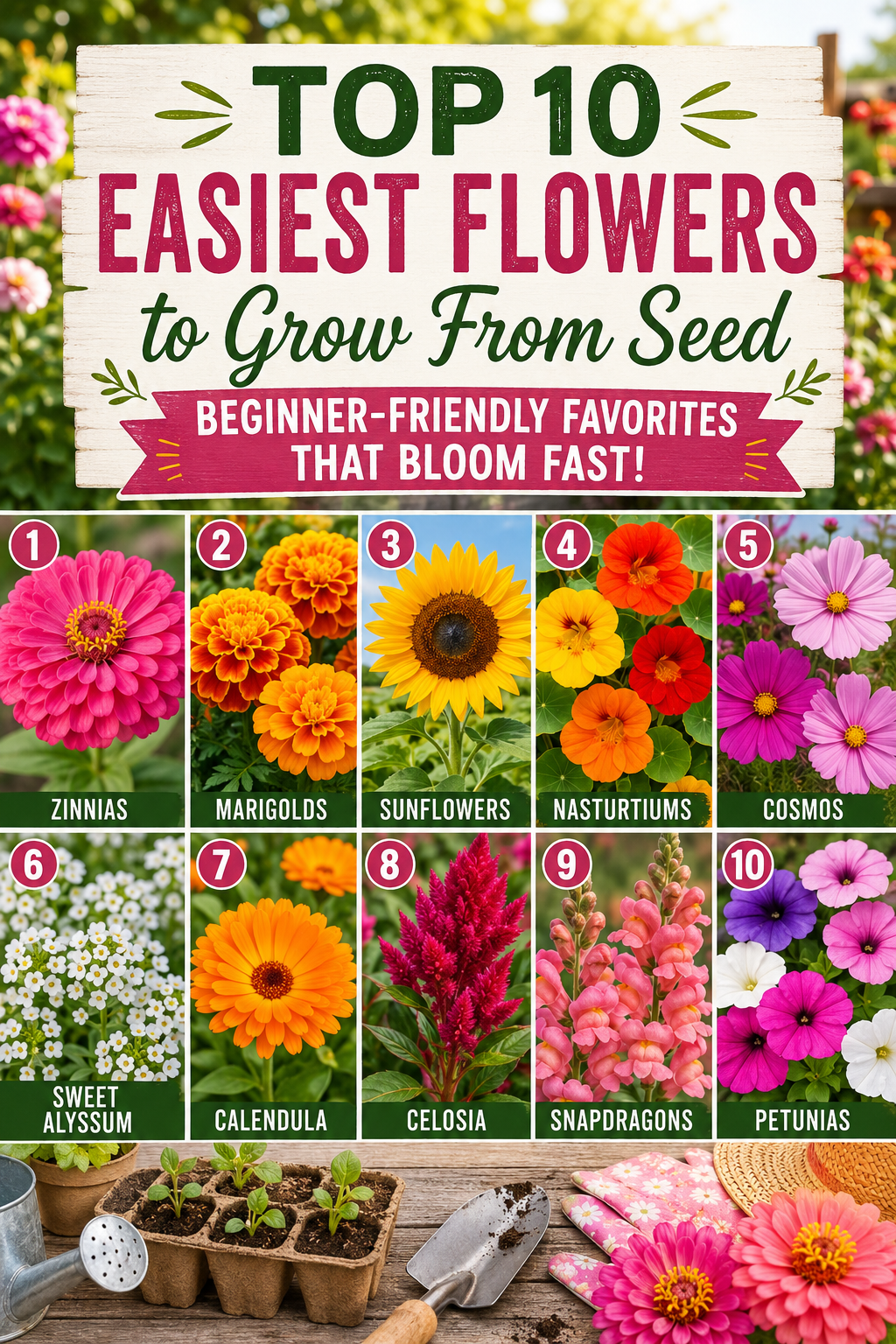 top 10 easiest flowers to grow from seed including zinnias marigolds sunflowers petunias cosmos and snapdragons in a colorful garden display
