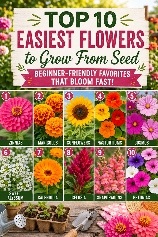 top 10 easiest flowers to grow from seed including zinnias marigolds sunflowers petunias cosmos and snapdragons in a colorful garden display