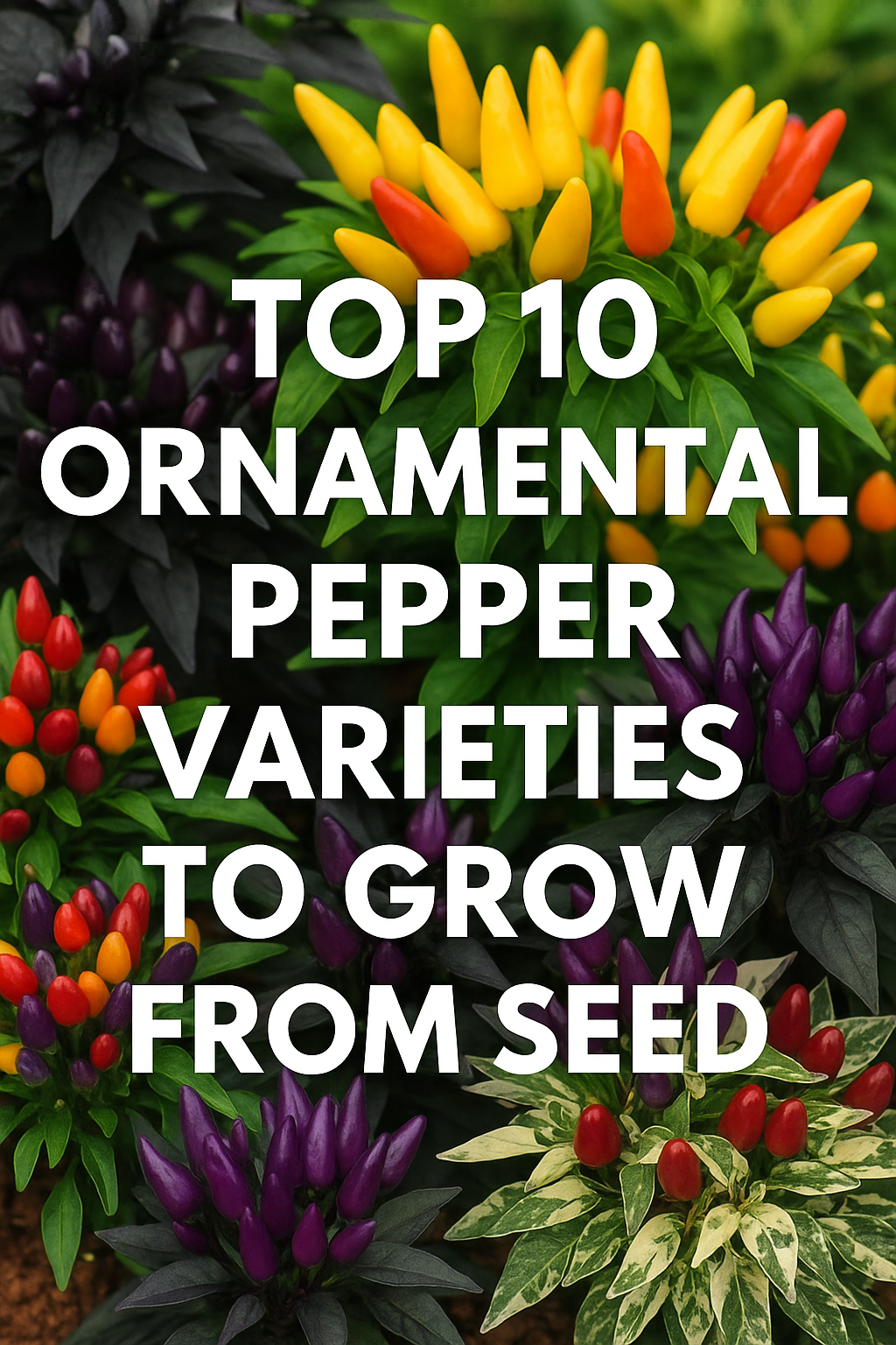 Colorful ornamental pepper varieties showcasing vibrant fruits in shades of red, purple, yellow, and orange with compact, decorative foliage — perfect for containers, patios, and garden borders