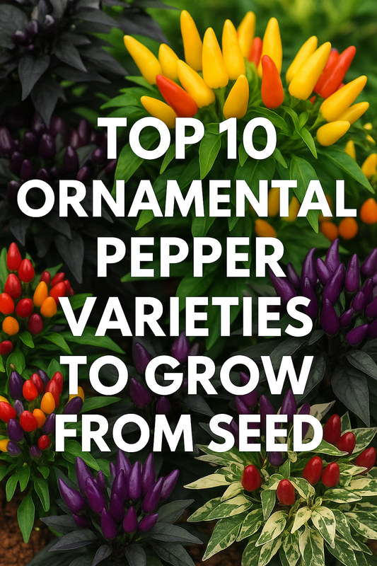 Colorful ornamental pepper varieties showcasing vibrant fruits in shades of red, purple, yellow, and orange with compact, decorative foliage — perfect for containers, patios, and garden borders