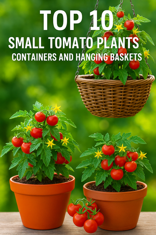 Small tomato plants growing in pots and hanging baskets with ripe red tomatoes and green leaves — best compact tomato varieties for container gardening