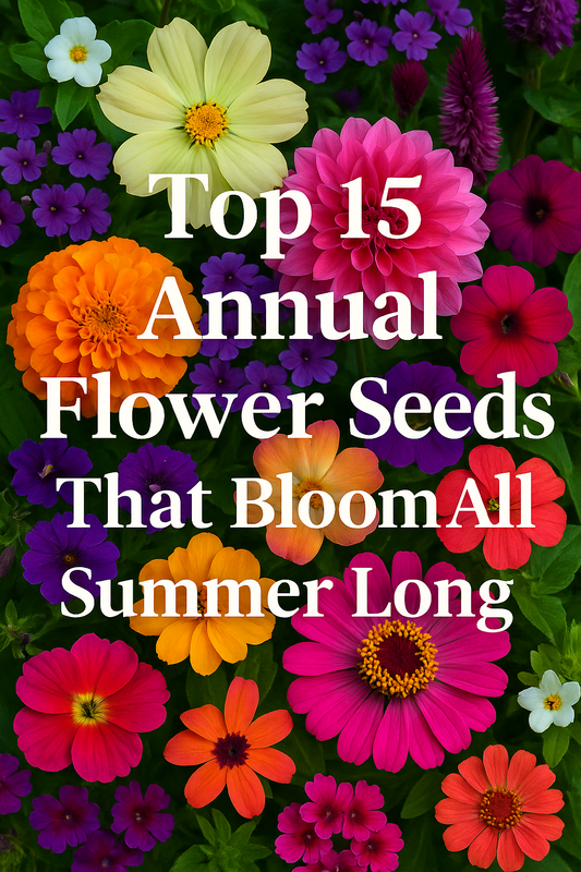 Vibrant collage of summer annual flowers including petunias, zinnias, marigolds, and cosmos, showcasing nonstop color from Trailing Petunia’s Top 15 Annual Flower Seeds for Non-Stop Summer Color