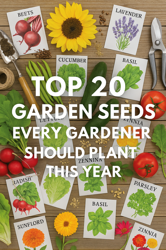 Flat lay of top 20 garden seeds including vegetables and flowers like radish, beans, lettuce, cucumbers, tomatoes, basil, parsley, sunflowers, zinnias, marigolds, and lavender with gardening tools