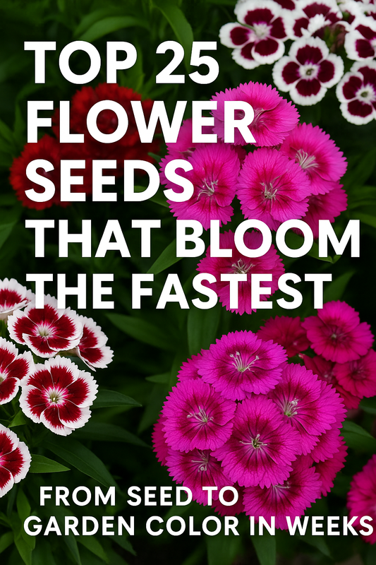 Top 25 flower seeds that bloom fast — bright Dianthus, Zinnia, and Marigold blooms for instant garden color from seed.