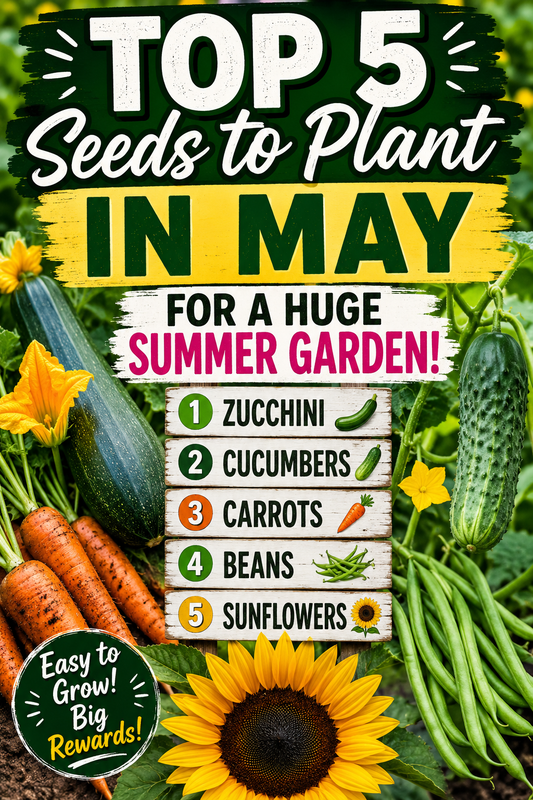 Top 5 seeds to plant in May including zucchini, cucumbers, carrots, beans, and sunflowers for a huge summer garden Pinterest image