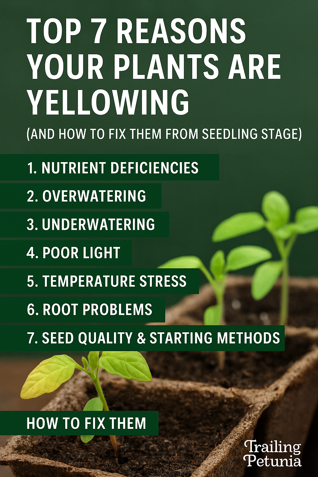 Infographic showing seedlings with yellow leaves and healthy green leaves, highlighting the top 7 reasons plants turn yellow from seedling stage and how to fix them