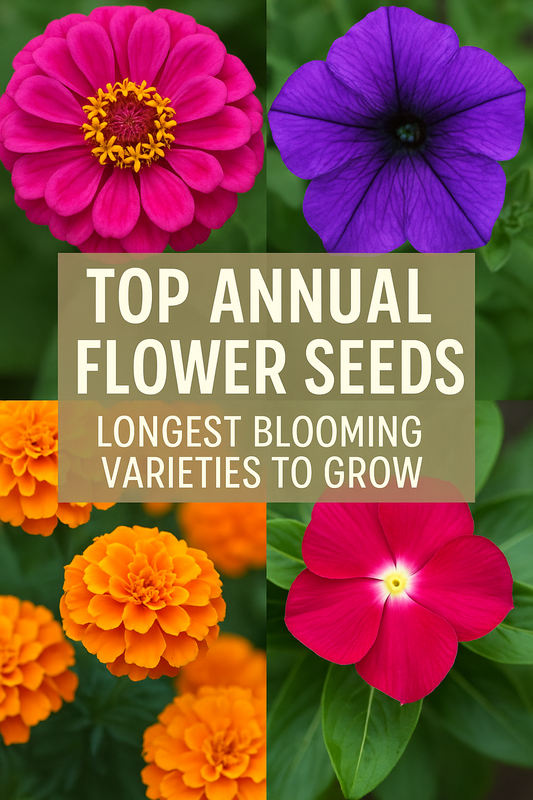 Colorful zinnias, marigolds, petunias, and lisianthus with text “Top Annual Flower Seeds | Longest Blooming Varieties.”