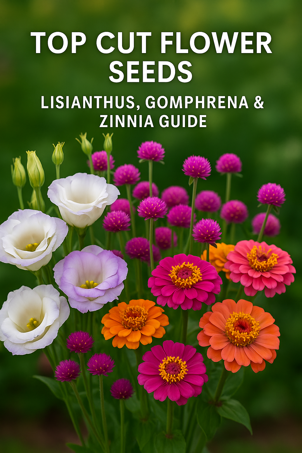 Lisianthus, Gomphrena Fireworks, and Zinnia flowers in full bloom — a colorful bouquet mix highlighting the best cut flower seeds for professional growers and home gardens