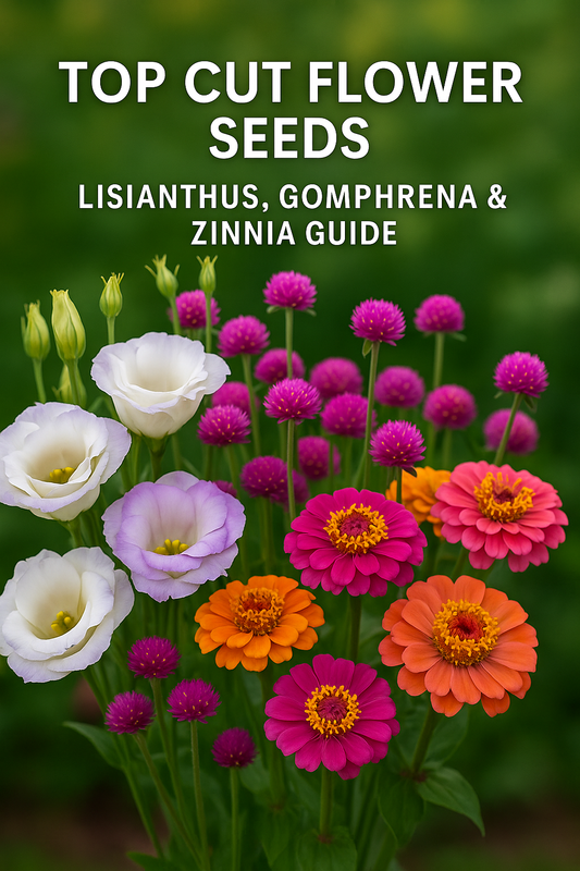 Lisianthus, Gomphrena Fireworks, and Zinnia flowers in full bloom — a colorful bouquet mix highlighting the best cut flower seeds for professional growers and home gardens
