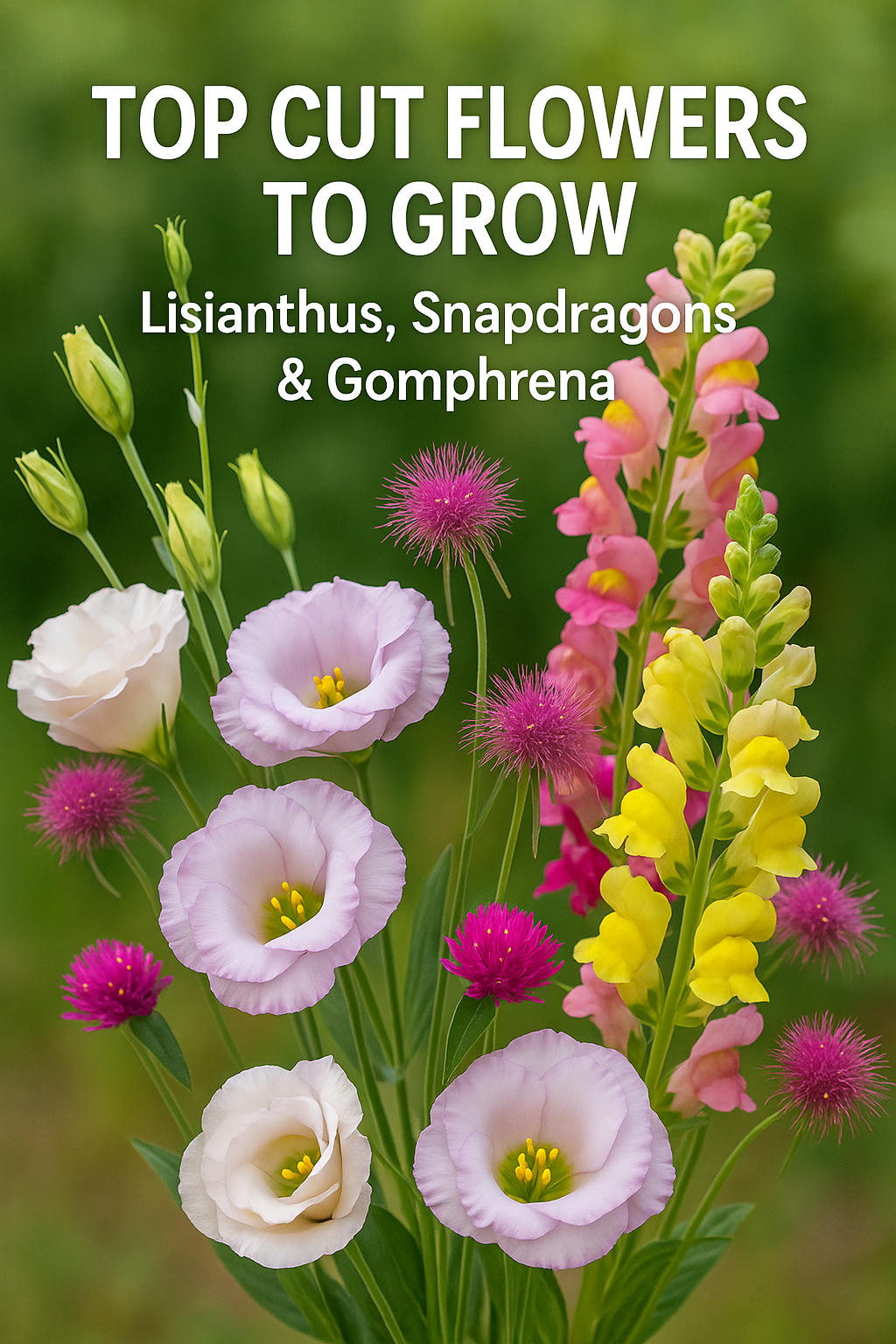 Lisianthus, Snapdragons, and Gomphrena Fireworks flowers in a colorful garden bouquet — showcasing the best cut flowers to grow from seed for long-lasting, professional-quality blooms