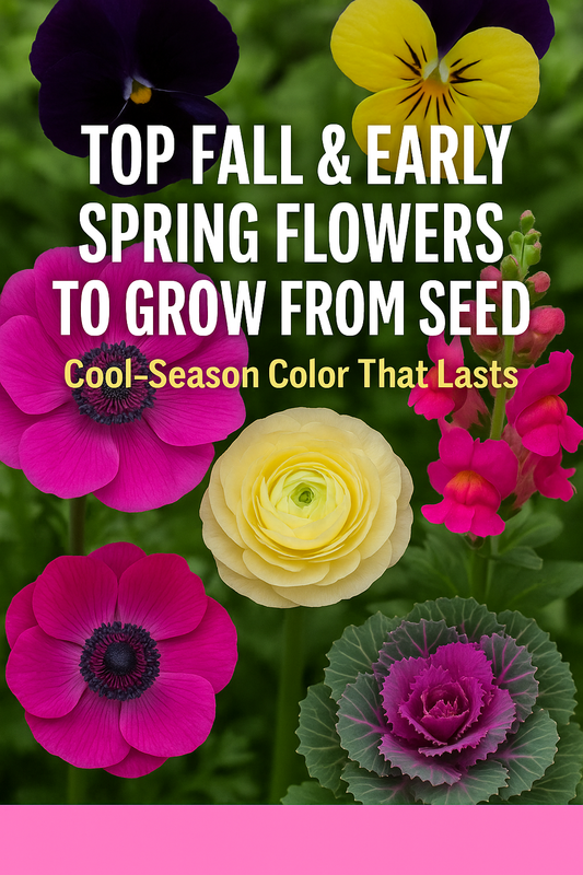 Beautiful cool-season flowers — including Anemone, Ranunculus, Pansy, Viola, Snapdragon, and Flowering Kale — thriving in fall and early spring gardens.