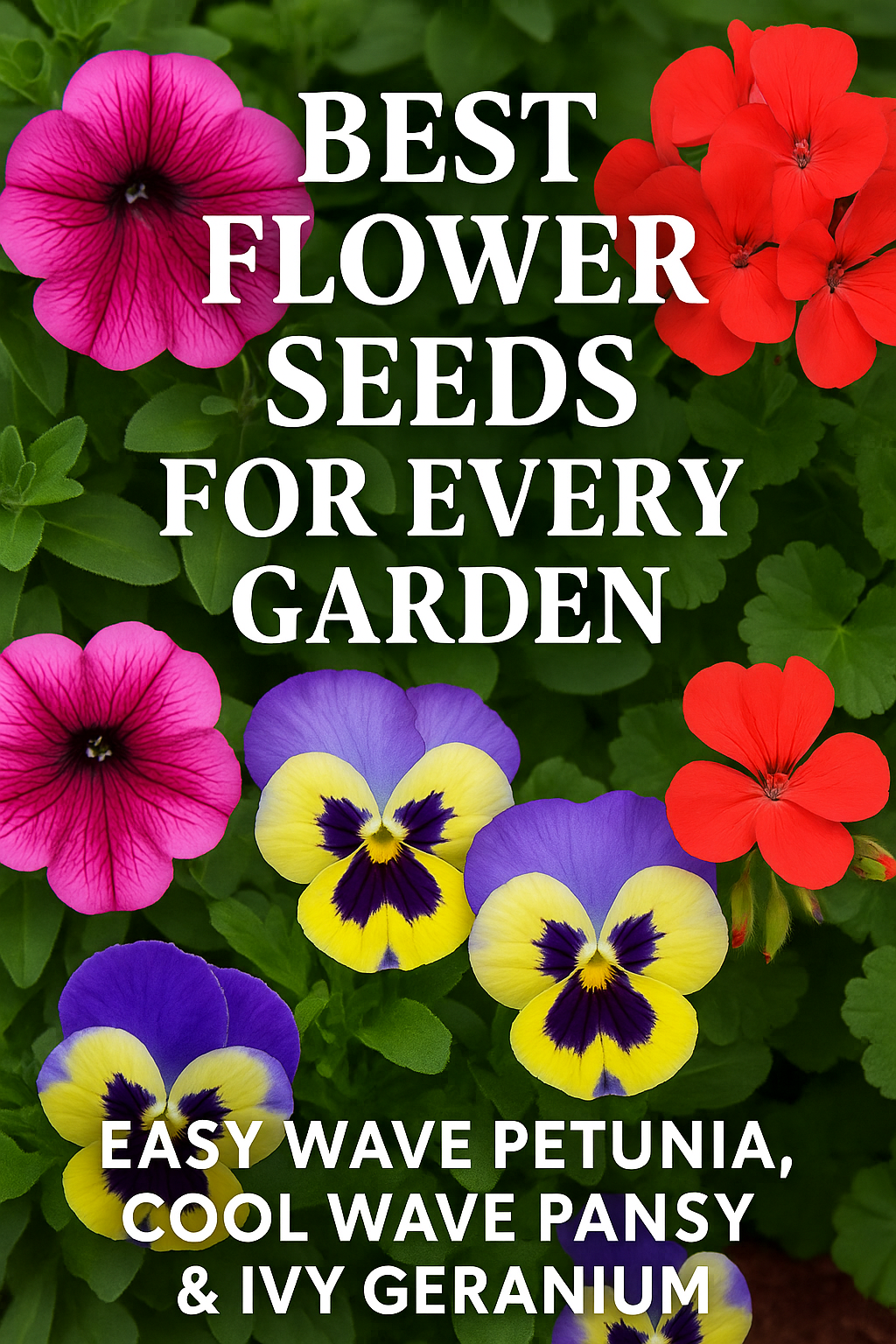 Colorful hanging baskets overflowing with Easy Wave Petunia, Cool Wave Pansy, and Ivy Geranium — top flower seeds for 2025 gardens that thrive in both sun and shade for nonstop blooms.