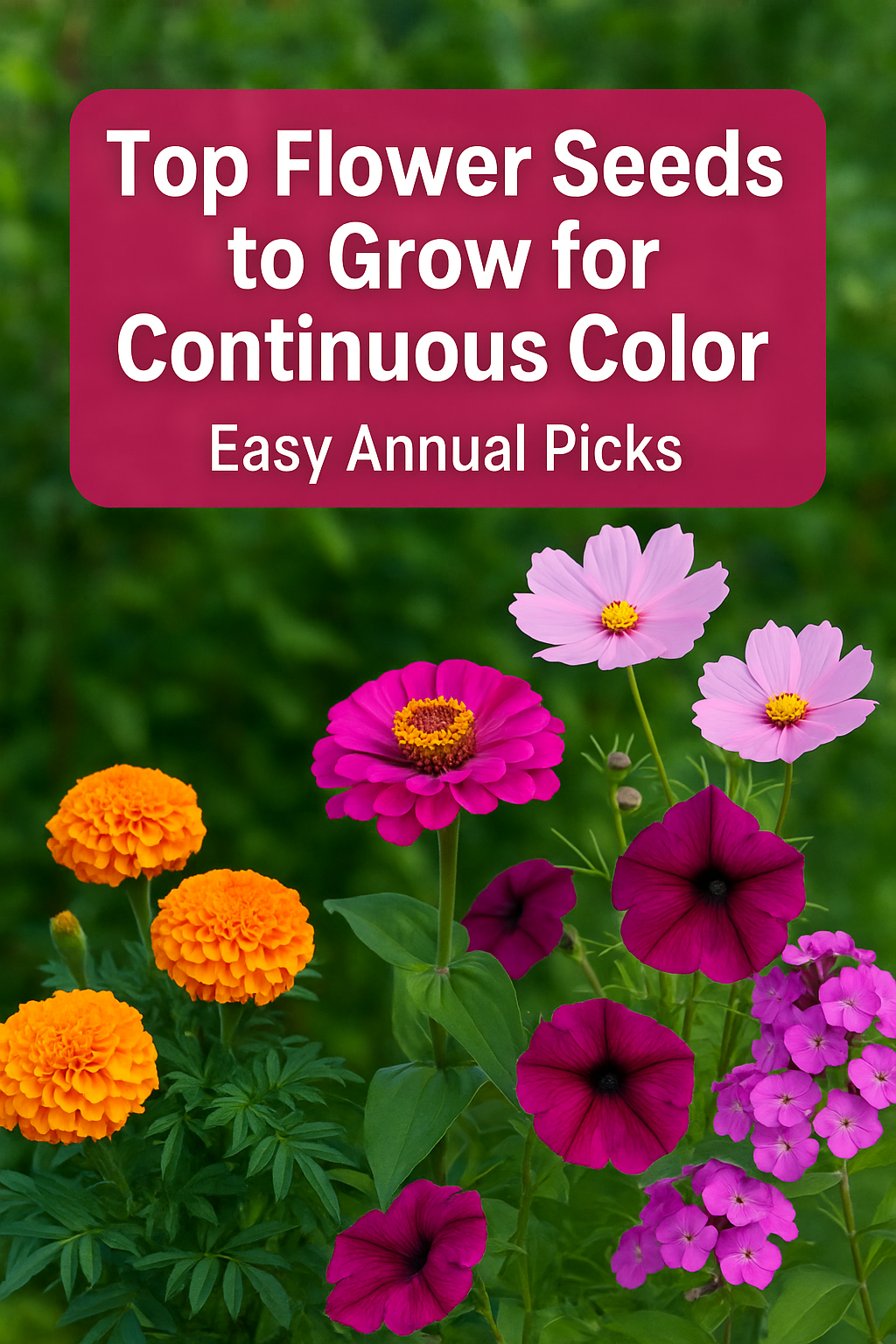 Top flower seeds to grow for continuous color — bright marigolds, zinnias, cosmos, petunias, and phlox blooming together in a vibrant summer garden